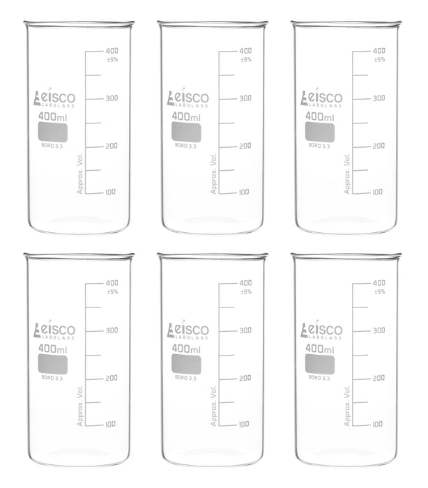 6PK Beakers, 400mL - Berzelius Tall Form, No Spout - Graduated - Borosilicate Glass