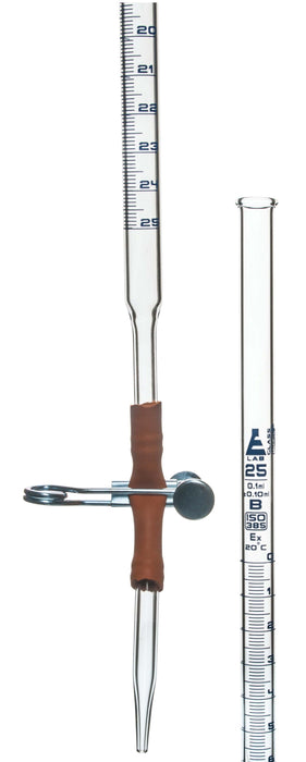 Burette, 25ml - Class B, DIN ISO 385, Borosilicate Glass with Pinch Clip, 0.10ml Graduations - Eisco Labs