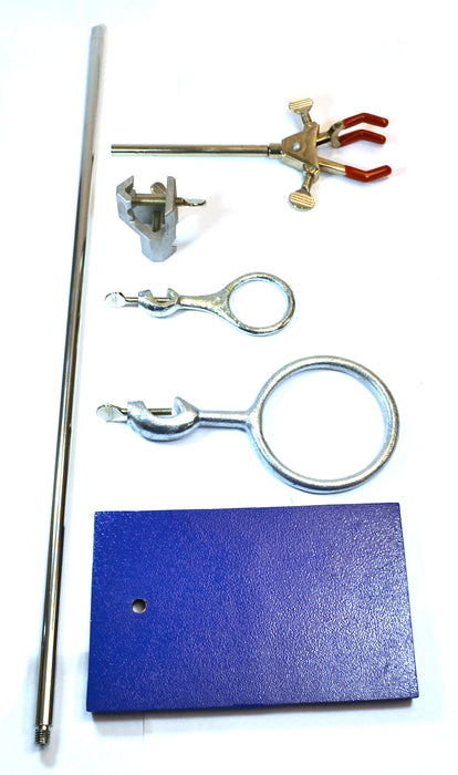 6 Piece Set - Rectangular Retort Stand, Rod, Clamp & Ring Set - 10"x6" Steel Base, 23.6" Stainless Steel Rod, 2 Steel Support Rings, 3-Pronged Dual Adjusting Clamp - Eisco Labs