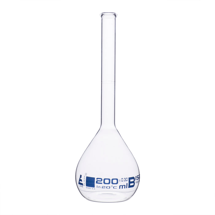 Volumetric Flask, 200ml - Class B - Borosilicate Glass - Blue Graduation, Tolerance ±0.300 - No Stopper, Beaded Rim - Eisco Labs