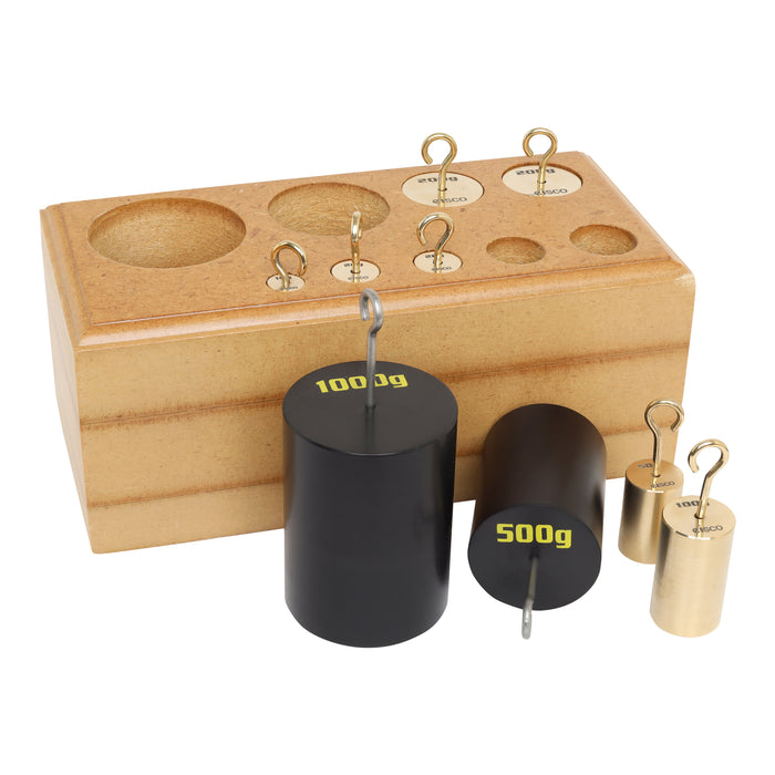 Eisco Labs Set of 9 Brass Hooked Weights - 10-1000g in Wooden Block