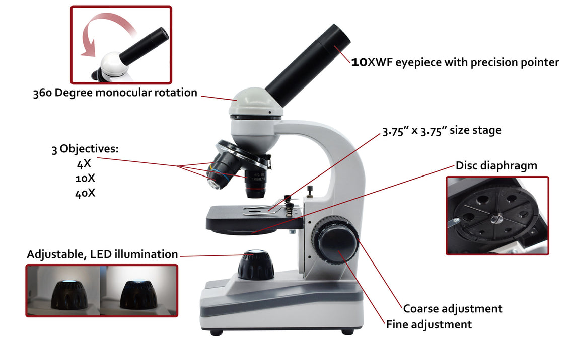 Monocular Microscope, Prime LED 101 - Adjustable LED Illumination - 360 Degree Rotatable Monocular Head - 4X, 10X, 40X Objectives - Eisco Labs