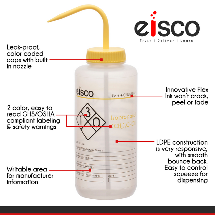 2PK Performance Plastic Wash Bottle, Isopropanol, 1000 ml - Labeled (2 Color)
