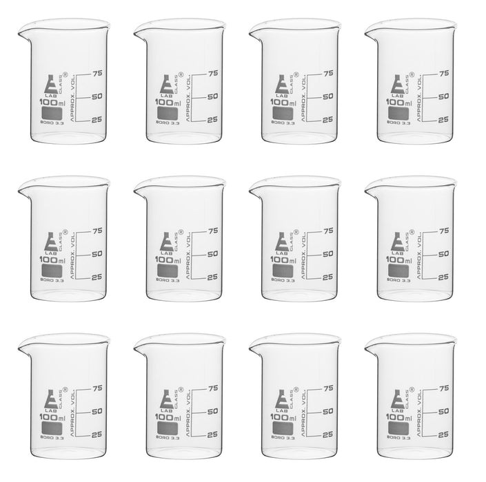 12PK Beakers, 100ml - Griffin Style, Low Form with Spout - White, 25ml Graduations - Borosilicate 3.3 Glass