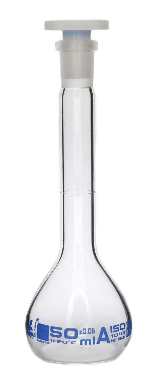 Volumetric Flask, 50ml - Class A - 12/21 Polyethylene Stopper, Borosilicate Glass - Blue Graduation, Tolerance ±0.060 - Eisco Labs