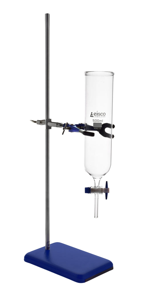 500mL Dropping Funnel with Laboratory Support Stand - Includes Glass Dropping Funnel, 3.75 lb Metal Retort Base & Rod, Clamp with Bosshead