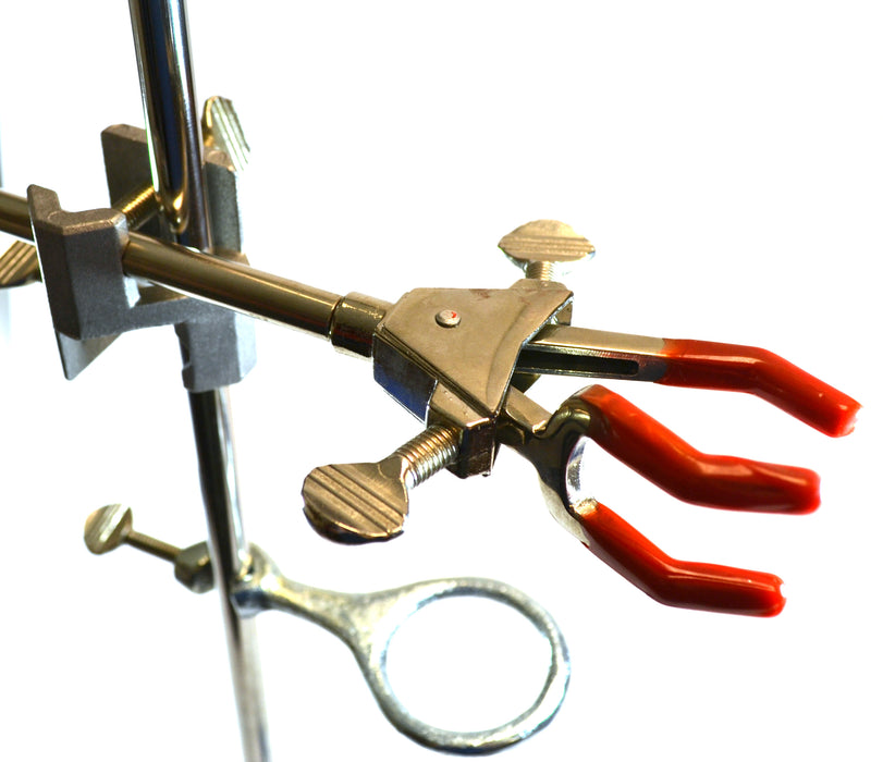 6 Piece Set - Rectangular Retort Stand, Rod, Clamp & Ring Set - 10"x6" Steel Base, 23.6" Stainless Steel Rod, 2 Steel Support Rings, 3-Pronged Dual Adjusting Clamp - Eisco Labs