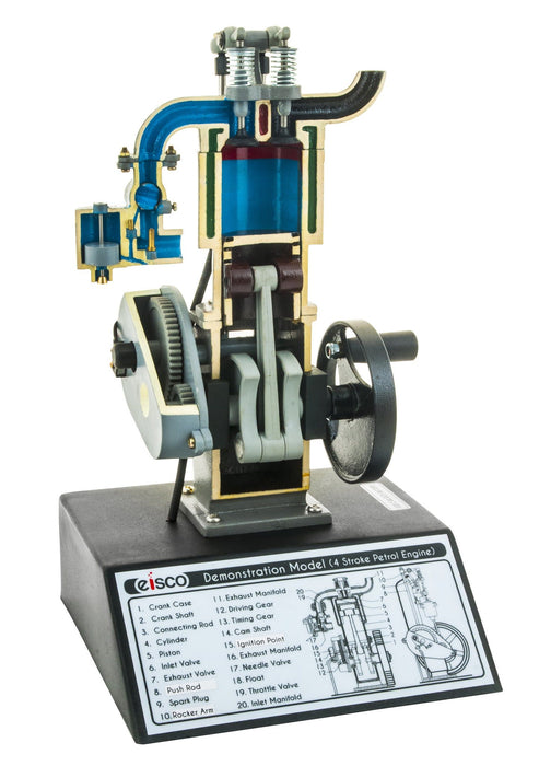 4 Stroke Gasoline Hand Crank Engine Model with Actuating Movable Parts to Demonstrate Engine Basics - 13.75" Tall - Eisco Labs