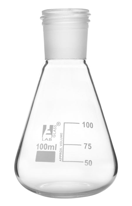 Erlenmeyer Flask with 24/29 Joint, 100ml - 25ml White Graduations - Interchangeable Screw Thread Joint - Borosilicate Glass - Eisco Labs
