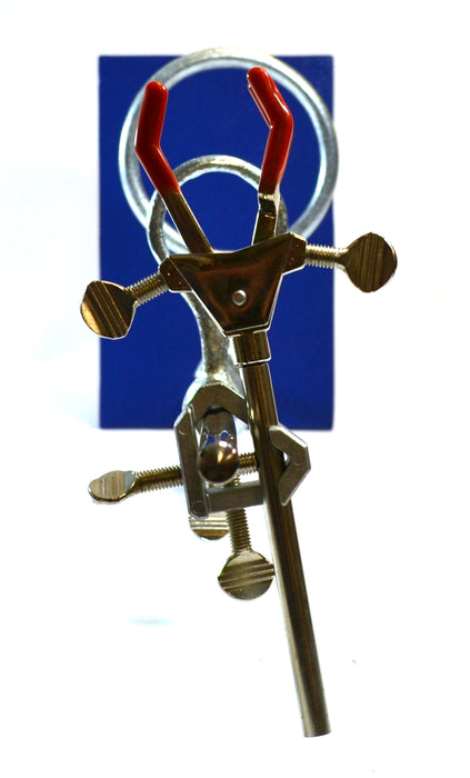 6 Piece Set - Rectangular Retort Stand, Rod, Clamp & Ring Set - 10"x6" Steel Base, 23.6" Stainless Steel Rod, 2 Steel Support Rings, 3-Pronged Dual Adjusting Clamp - Eisco Labs