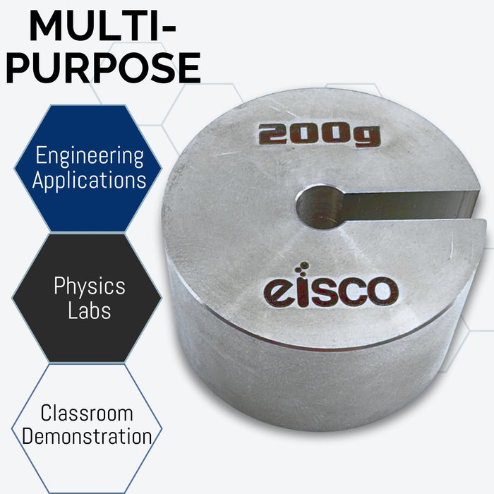 Eisco Labs - 200g Stainless Steel Slotted Mass – Durable Precision Weight with 1.5" Outer Diameter, Slotted for Lab, Physics & Educational Use, Single Pack