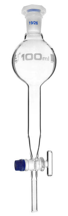 Gilson Separating Funnel, 100ml - Glass Stopcock - Plastic Stopper, Socket Size 19/26 - Borosilicate Glass - Eisco Labs