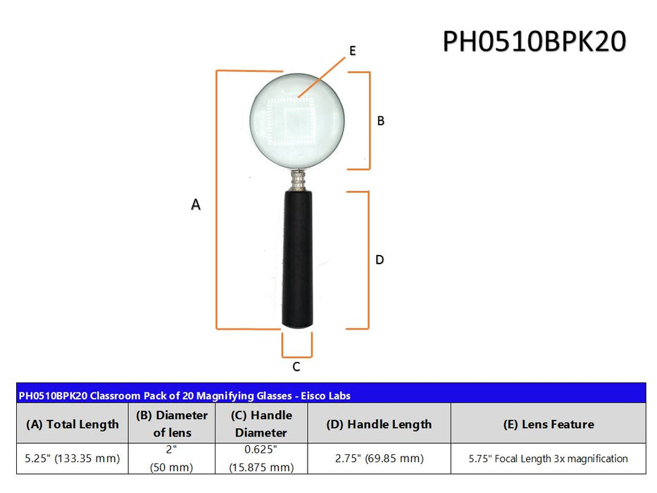 20 Pack Magnifying Glasses, 3x magnification , 5.75" Focal length - Great for Classrooms - Eisco Labs