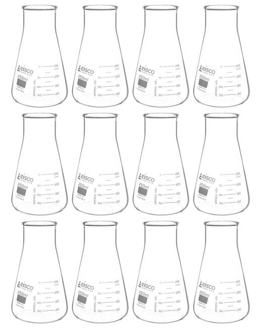 12PK Erlenmeyer Flask, 250mL - Wide Neck - ASTM, Dual Graduated Scale