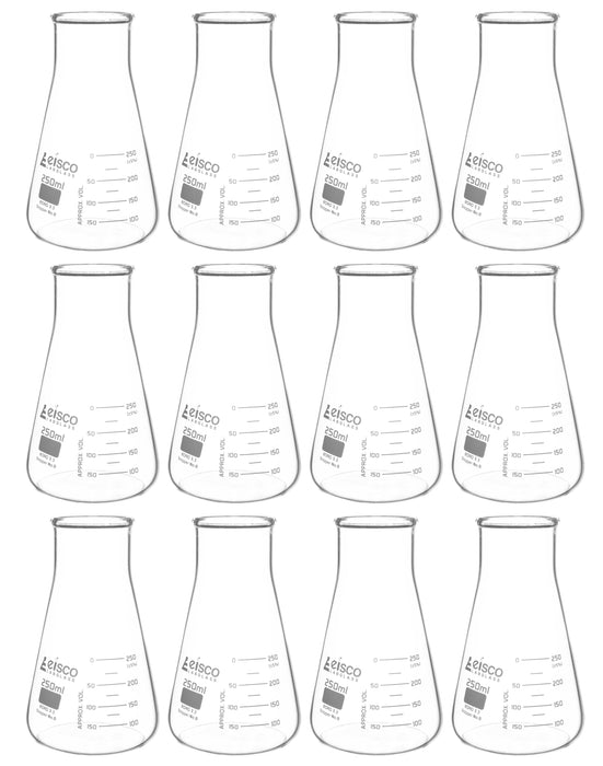 12PK Erlenmeyer Flask, 250mL - Wide Neck - ASTM, Dual Graduated Scale