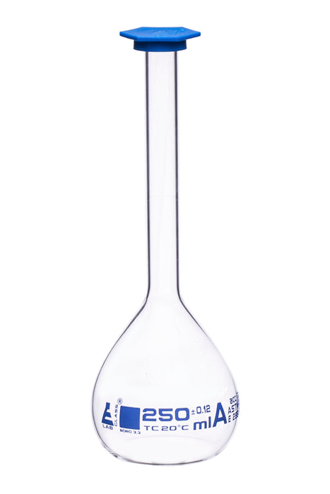 Volumetric Flask, 250ml - Class A, ASTM - Snap Cap - Blue Graduation Mark, Tolerance ±0.120ml - Eisco Labs