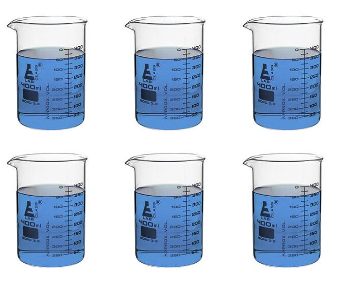 6PK Beakers, 400ml - ASTM - Low Form, Dual Scale Graduations - Borosilicate Glass