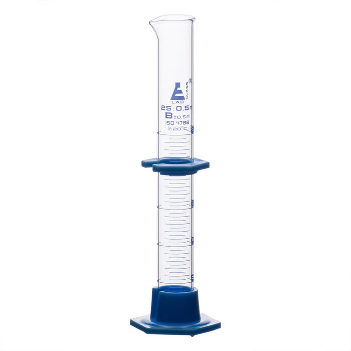 Graduated Cylinder, 25mL - Class B - Detachable, Plastic Hexagonal Base & Protective Collar - Blue Graduations - Borosilicate Glass