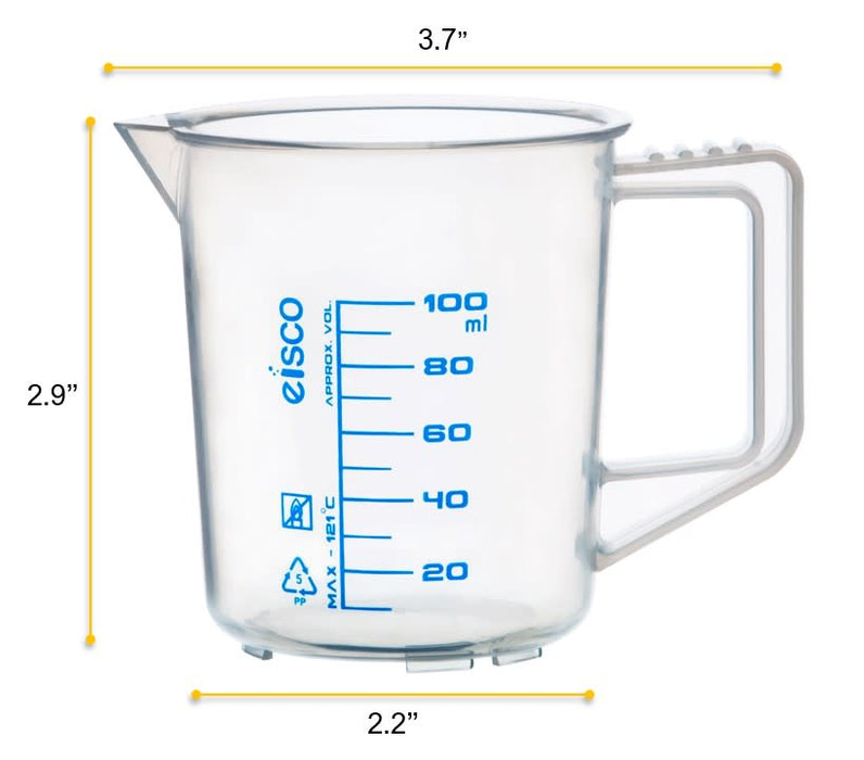 Measuring Jug, 100ml - Polypropylene - Screen Printed Graduations, Spout & Handle for Easy Pouring - Excellent Optical Clarity - Eisco Labs