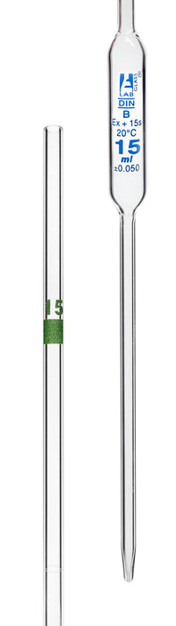 Bulb Form Pipette, 15ml - Class B, Tolerance ±0.050 - Blue Graduations - Color Code, Green - Borosilicate Glass - Eisco Labs