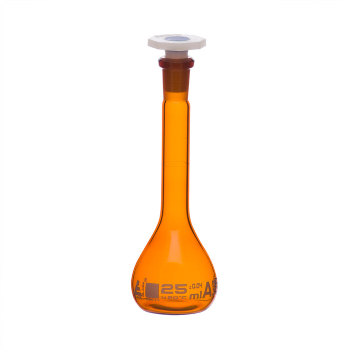 Volumetric Flask, 25ml - Class A - 10/19 Polypropylene Stopper, Borosilicate Glass, Amber - White Graduation Mark, Tolerance ±0.040 ml - Eisco Labs