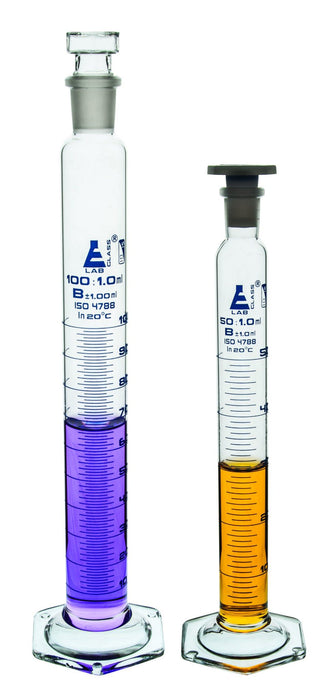 Graduated Cylinder, 2000mL - Class B - 34/35 Polypropylene Stopper - Hexagonal Base - Blue Graduations - Borosilicate Glass