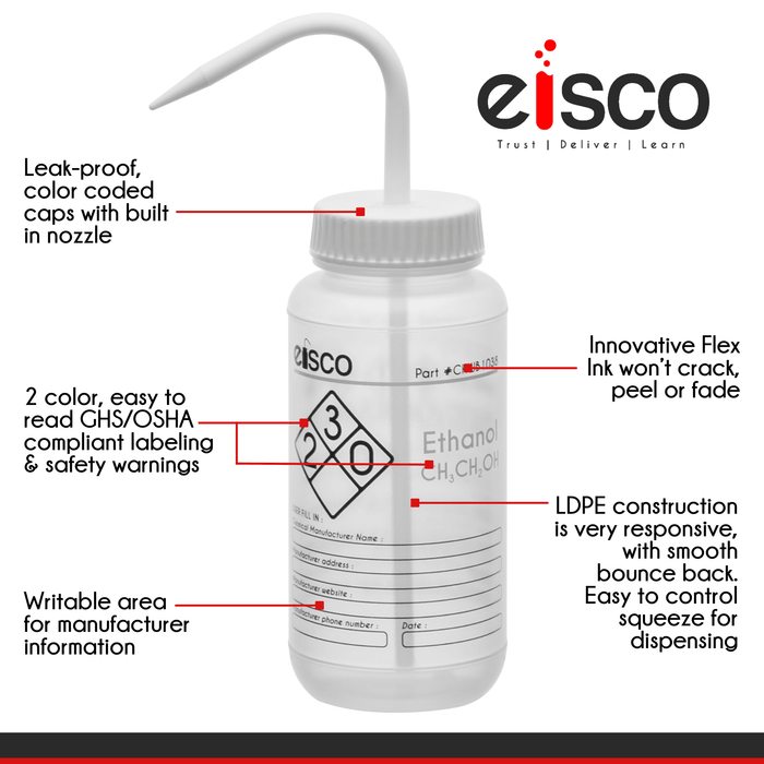 2PK Performance Plastic Wash Bottle, Ethanol, 500 ml - Labeled (2 Color)