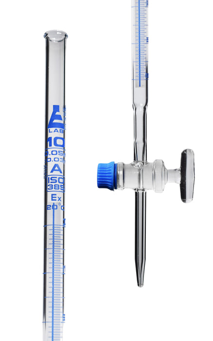 Schellbach Burette, 10mL - Class A - Glass Stopcock - Blue Graduations - Borosilicate Glass