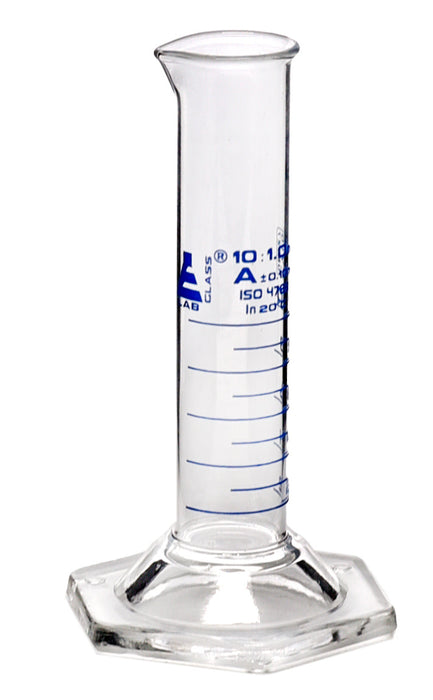 Graduated Cylinder, 10mL - Class A - Squat Form - Hexagonal Base - Blue Graduations - Borosilicate Glass