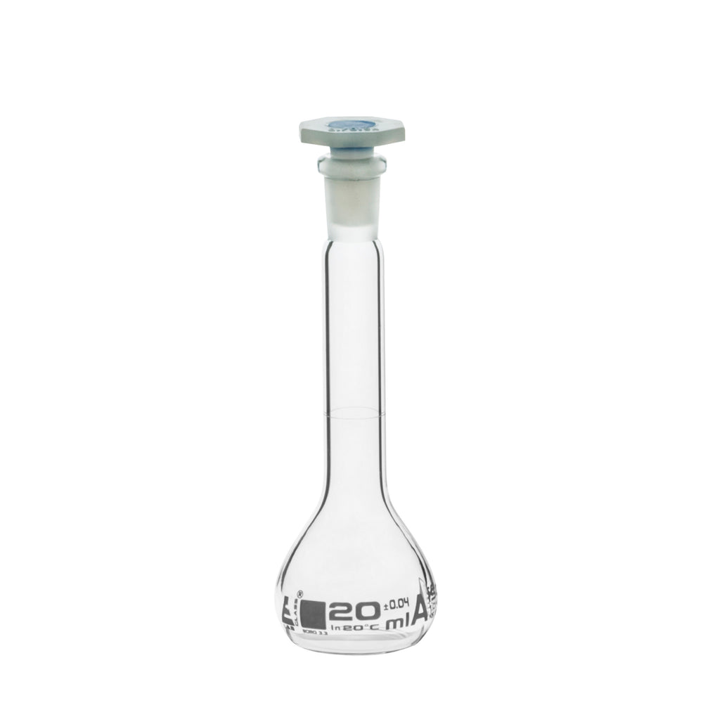 Volumetric Flask, 20ml - Class A - 10/19 Polyethylene Stopper, Borosilicate Glass - White Graduation, Tolerance ±0.040 - Eisco Labs
