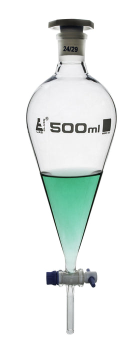 Squibb Separating Funnel, 500ml - 24/29 Plastic Stopper, PTFE Key Stopcock, Ungraduated - Borosilicate Glass - Eisco Labs