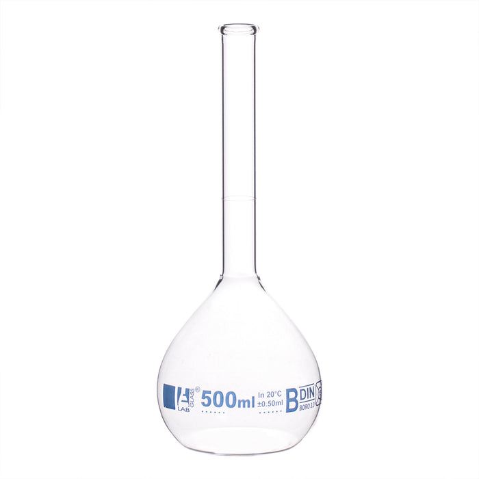 Volumetric Flask, 500ml - Class B - Borosilicate Glass - Blue Graduation, Tolerance ±0.500 - No Stopper, Beaded Rim - Eisco Labs
