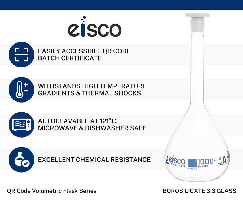 Volumetric Flask, 1000mL - Class A - Borosilicate Glass, Polyethylene Stopper, 24/29 Socket - QR Code Marking for Calibration Certificate