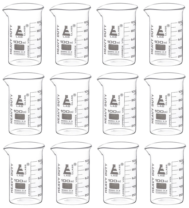 12PK Heavy Duty Beakers, 100ml - 2.5mm Thick, Uniform Walls - Superior Durability & Chemical Resistance - White Graduations - Borosilicate 3.3 Glass - Eisco Labs
