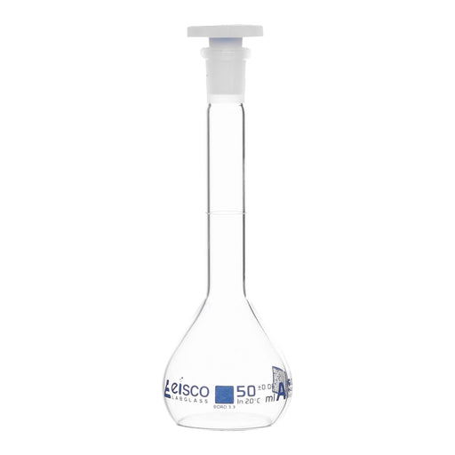 Volumetric Flask, 50mL - Class A - Borosilicate Glass, Polyethylene Stopper, 12/21 Socket - QR Code Marking for Calibration Certificate