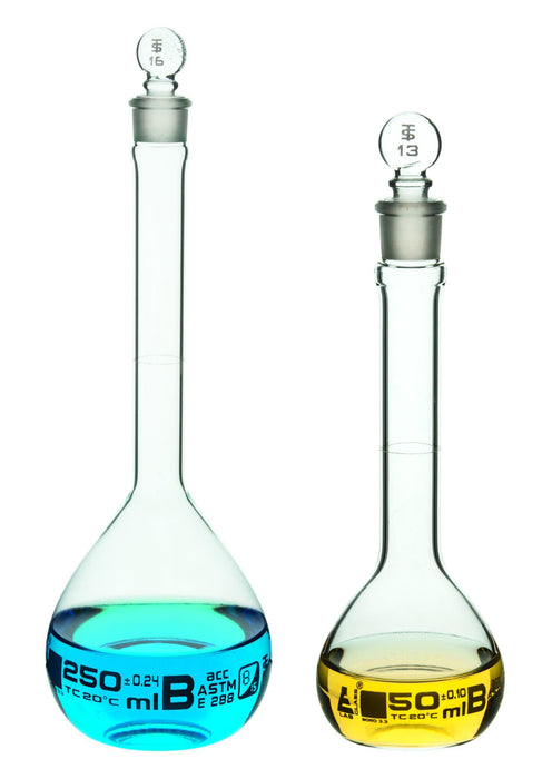 Volumetric Flask, 5ml - ASTM, Class B Tolerance ±0.040ml - #9 Glass Stopper - Single, Blue Graduation - Borosilicate Glass - Eisco Labs