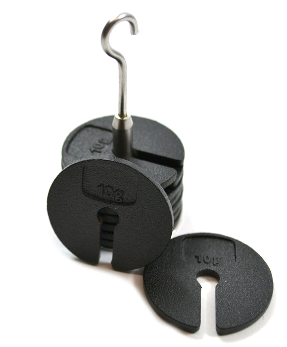 Eisco Labs Slotted Masses Set- Zinc Casted, Set of 9 weights, one hanger each of 10g, Total 100g