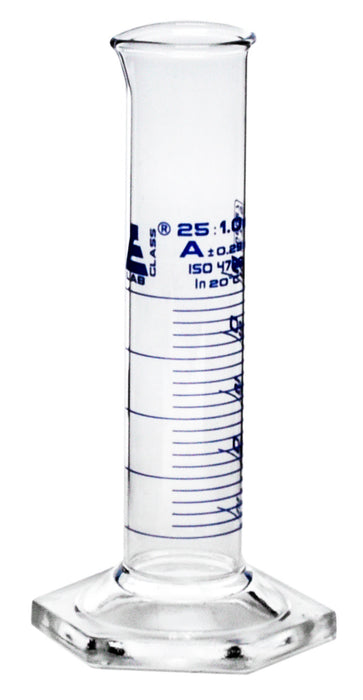 Graduated Cylinder, 25mL - Class A - Squat Form - Hexagonal Base - Blue Graduations - Borosilicate Glass