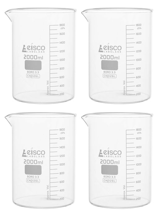 4PK Beakers, 2000ml - Low Form - Graduated - Borosilicate Glass