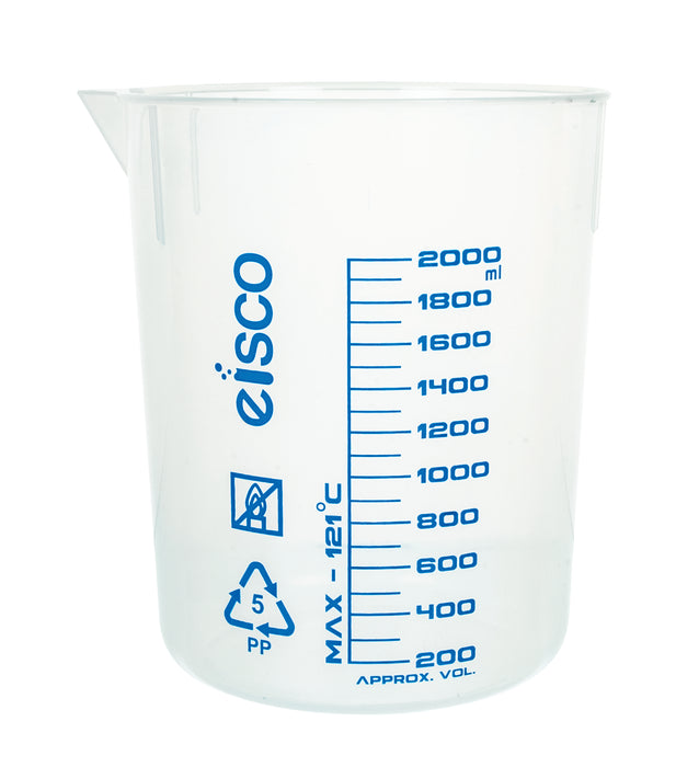 Premium 2000mL Beaker - Polypropylene Plastic, Blue Screen Printed, 100mL Graduations (Discontinued)