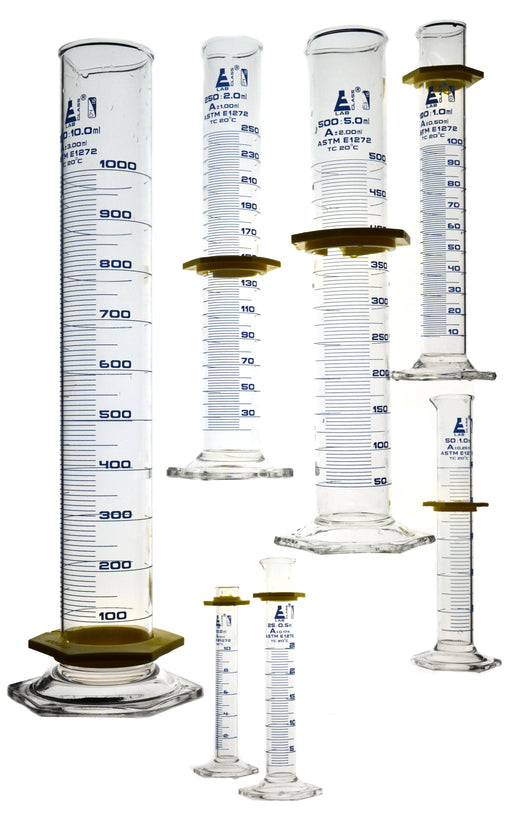 Measuring Cylinders 7 Piece Set, Class A, ASTM - Blue Graduations - Borosilicate Glass - Eisco Labs