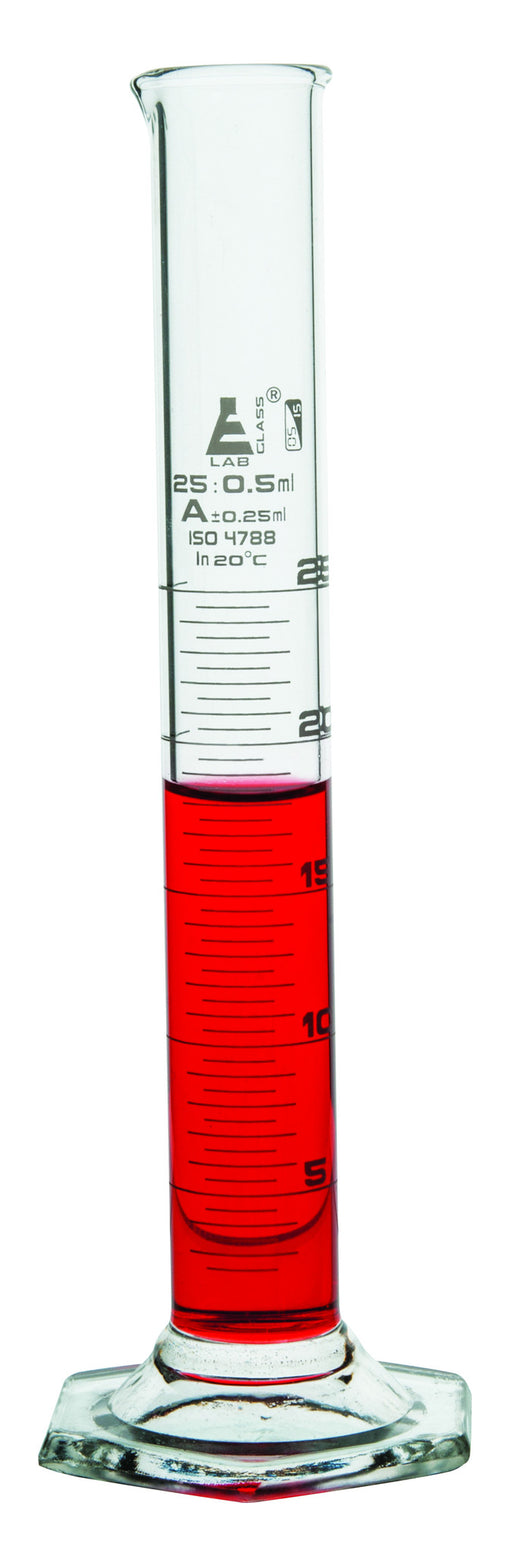 Graduated Cylinder, Borosilicate, Class A, Hexagonal Base, 25 ml, White Graduation