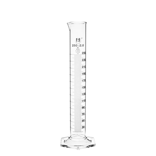 Measuring Cylinder, 250ml - Class A, Tolerance: ±1.00ml - Hexagonal Base - White Graduations - Borosilicate Glass - Eisco Labs