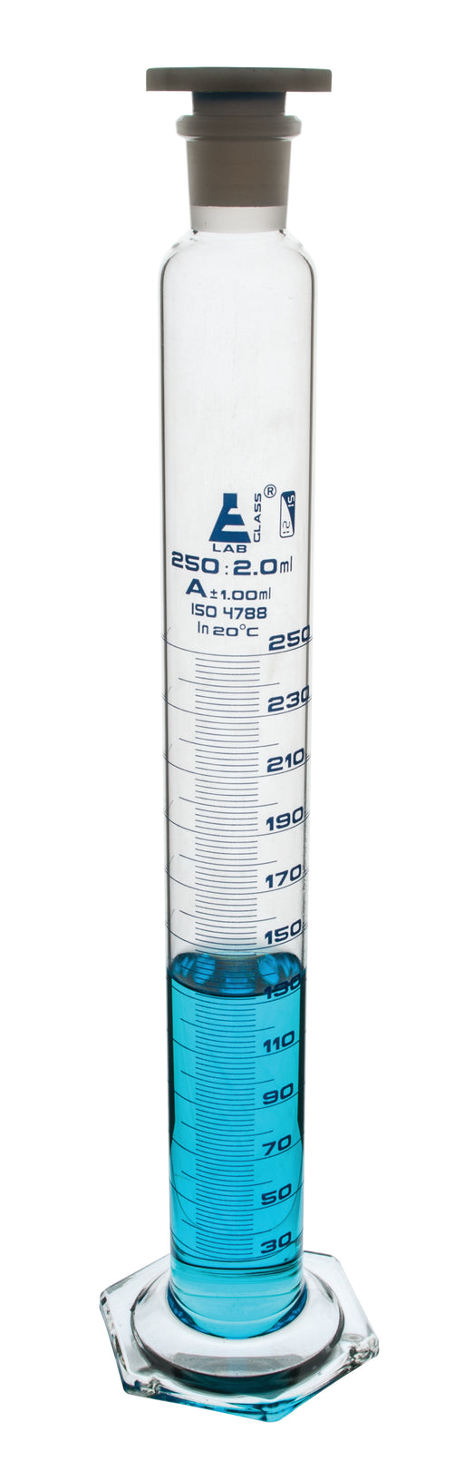 Measuring Cylinder, 250ml - Class A - 24/29 Polypropylene Stopper - Hexagonal Base, Blue Graduations - Borosilicate Glass - Eisco Labs