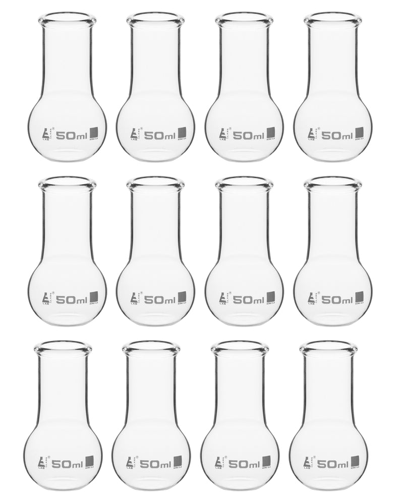 12PK Boiling Flasks, 50ml - Borosilicate Glass - Flat Bottom, Wide Neck - Pack of 12 Flasks - Eisco Labs