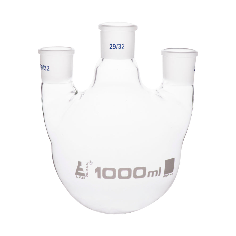 Distilling Flask, 1000ml - 3 Parallel Necks, 29/32 Center, 29/32 Side Sockets - Interchangeable Ground Joints - Round Bottom - Borosilicate Glass - Eisco Labs
