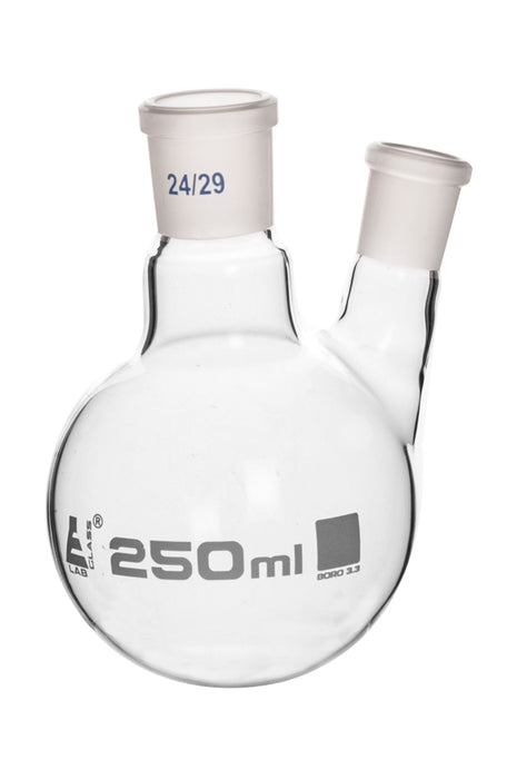 Distilling Flask, 250ml - 24/29 Oblique Neck with 19/26 Joint - Borosilicate Glass - Round Bottom - Eisco Labs