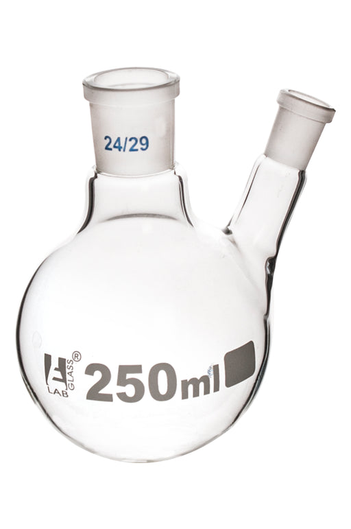 Distilling Flask, 250ml - 24/29 Oblique Neck with 14/23 Joint - Borosilicate Glass - Round Bottom - Eisco Labs