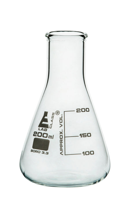 Erlenmeyer Flask, 200ml - Borosilicate Glass - Narrow Neck, Conical Shape - White Graduations - Eisco Labs