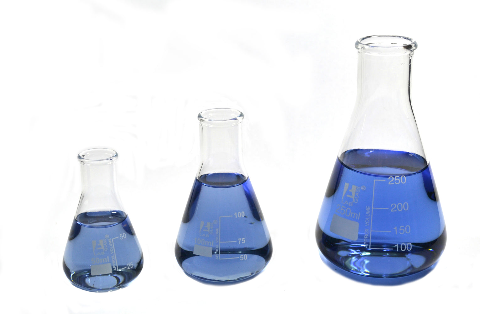 Erlenmeyer Flasks Set, 3 Pieces - 50ml, 100ml & 250ml - Borosilicate Glass - Narrow Neck, Conical Shape - White Graduations - Eisco Labs